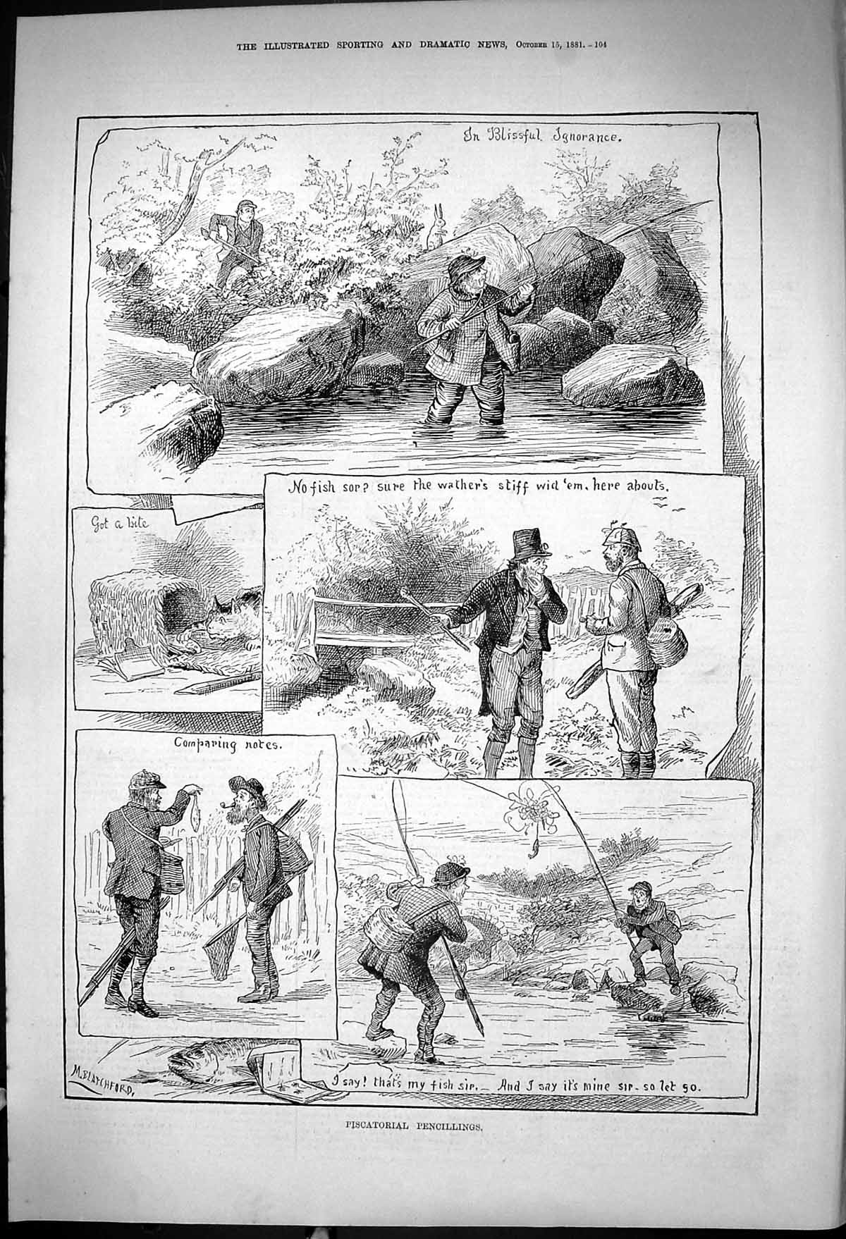 Old 1881 Piscatorial Pencillings Fishing River Fishermen Sport Comedy Victorian