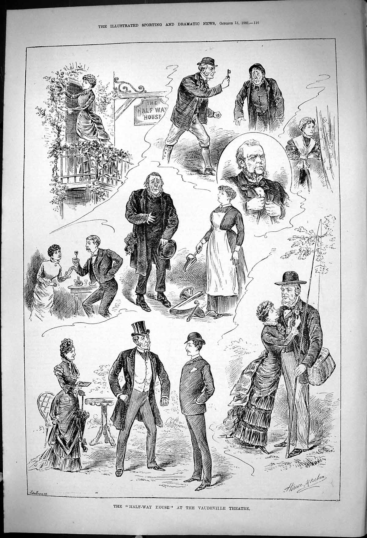 Antique Old Print 1881 Half-Way House Vaudeville Theatre Actors John Swain 19th