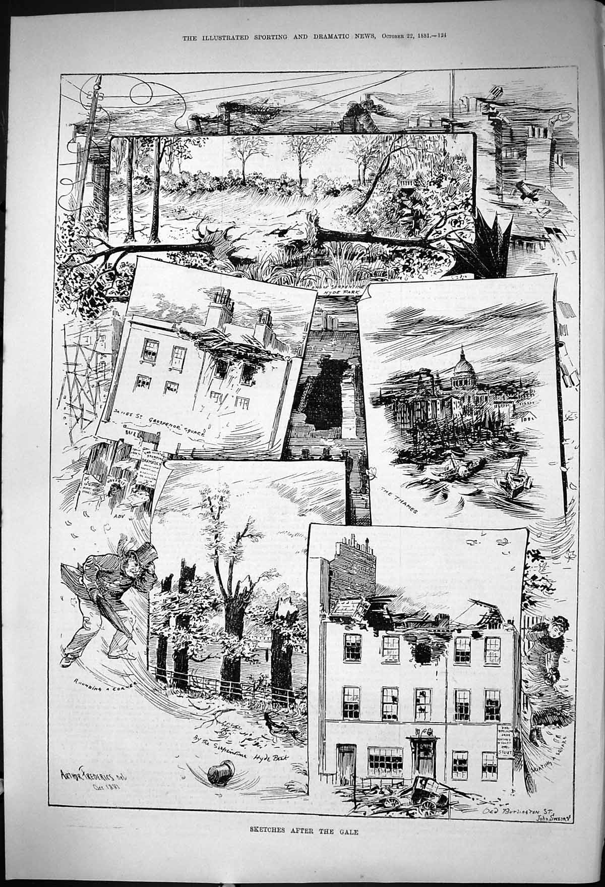 Old 1881 Sketch Gale London River Thames Burlington Grosvenor Hyde Pa Victorian