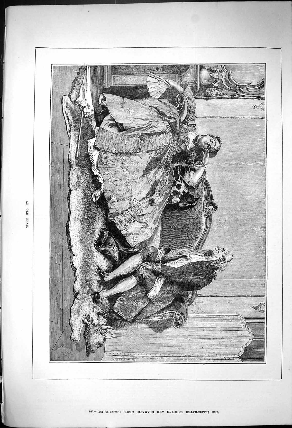Original Old Antique Print 1881 Beau Man Lady Romance Sitting Sofa Animal Rug