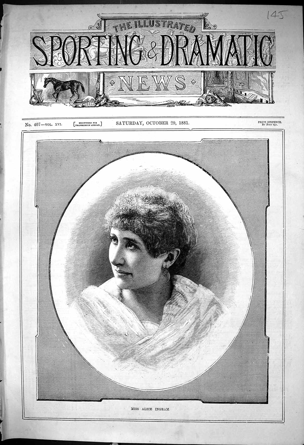Original Old Antique Print 1881 Portrait Miss Alice Ingram Beautiful Woman 19th