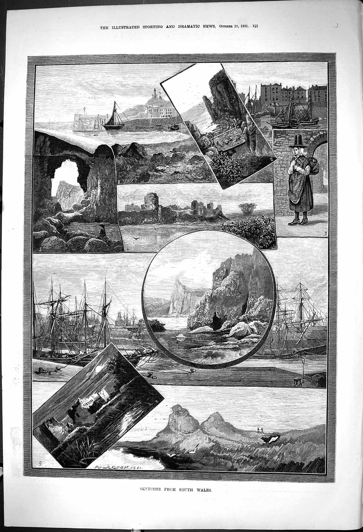 Old 1881 Wales Ships Harbour Fisherlady Cliffs Castle Ruins Architect Victorian