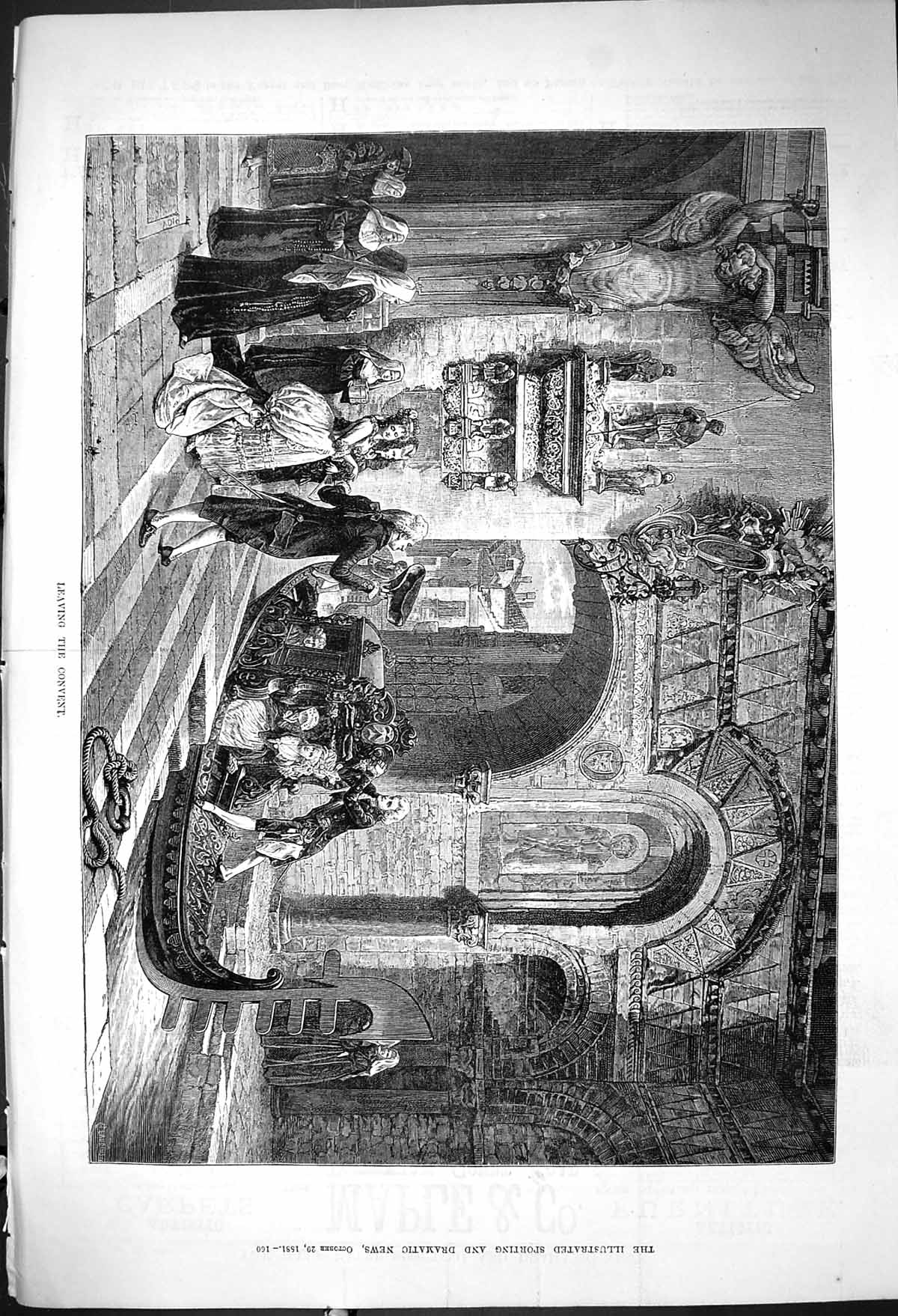 Old Antique Print 1881 Scene Leaving Convent Canal Boat Passengers Nuns 19th