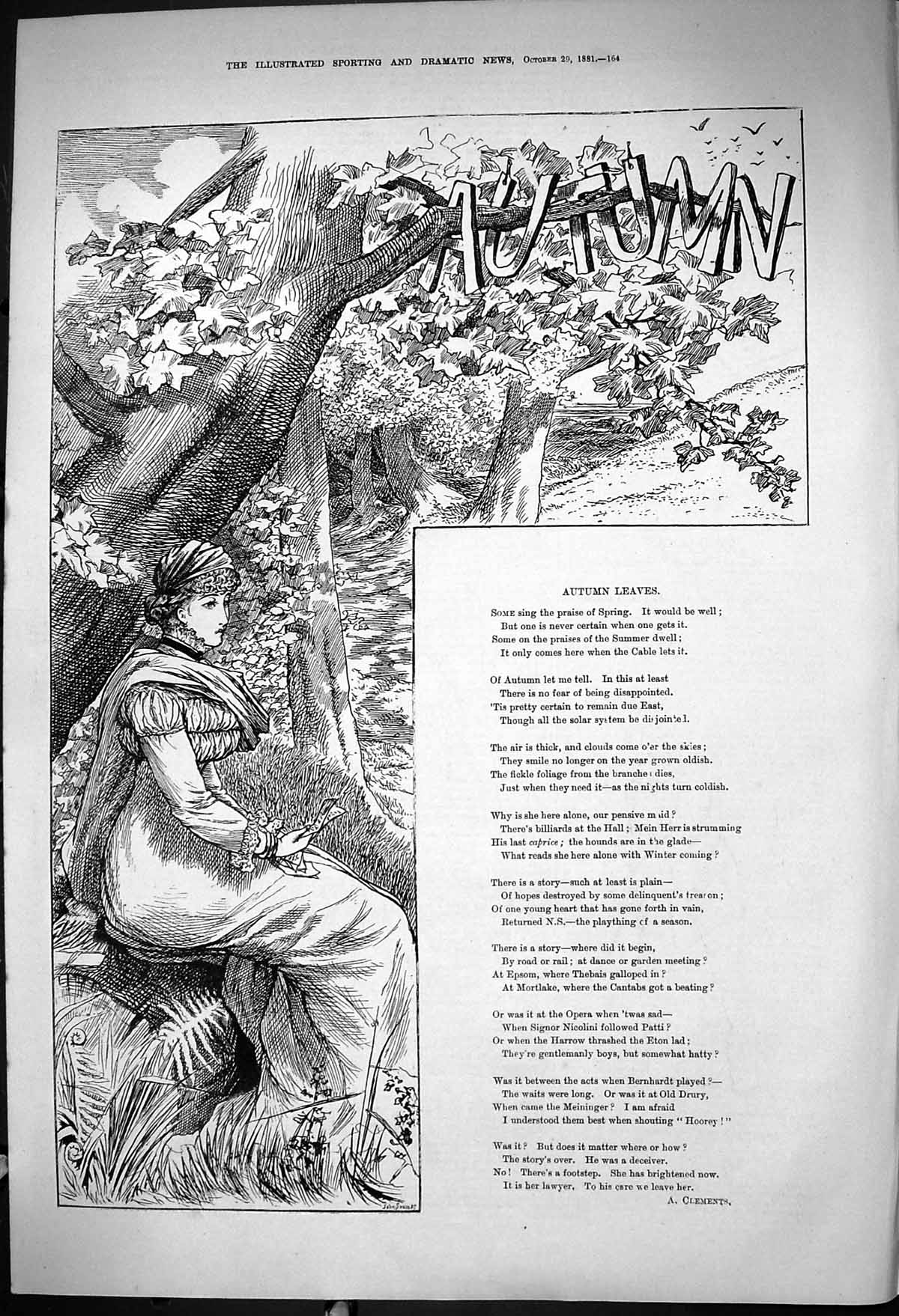 Old 1881 Illustration Story Autumn Leaves Sprin Lady Sitting Tree Cle Victorian