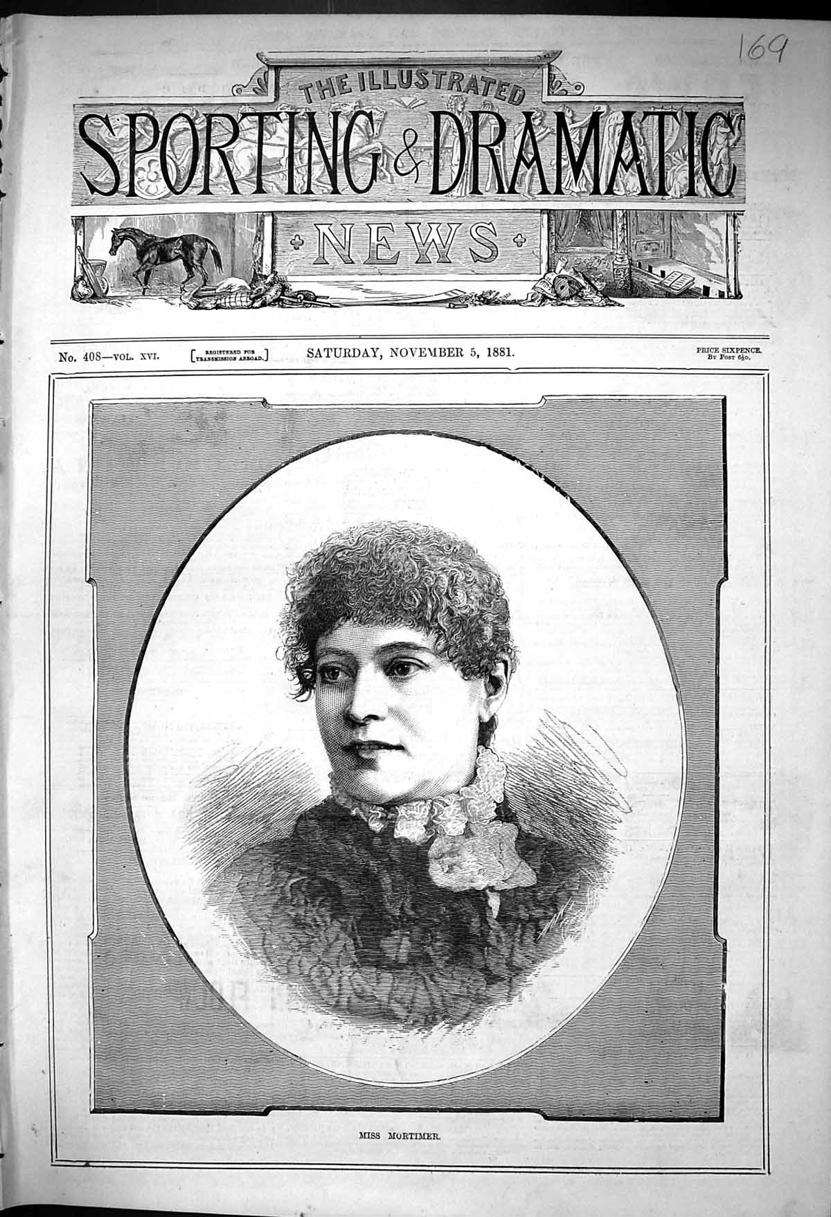 Original Old Antique Print 1881 Portrait Miss Mortimer Beautiful Woman 19th