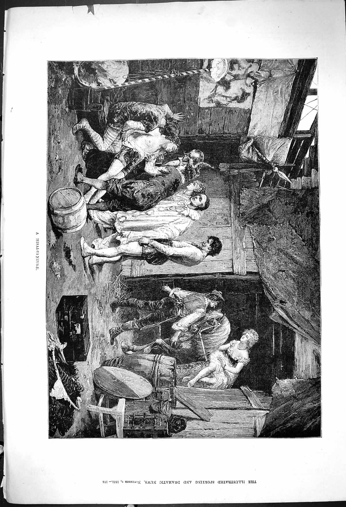 Antique Old Print Damaged 1881 Misadventure Horse Stable Injured Man Costumes