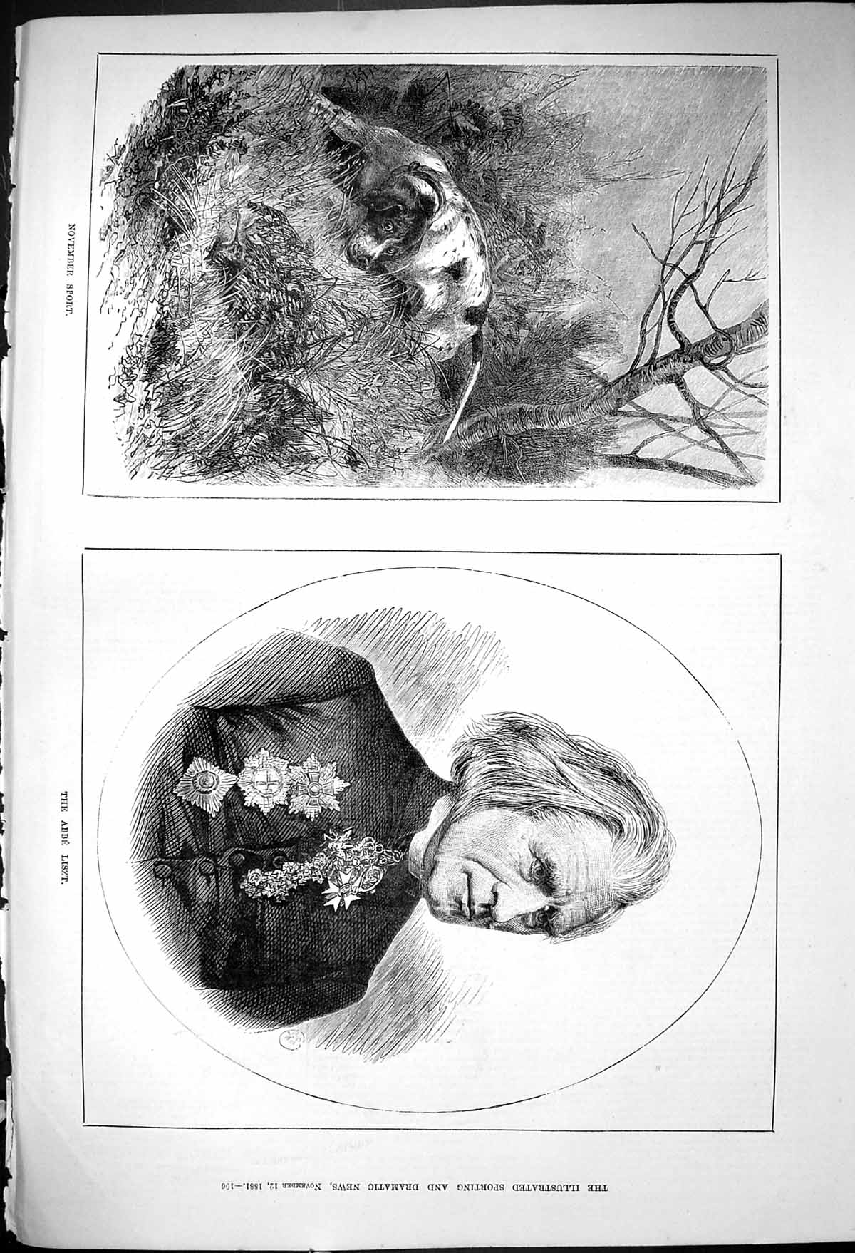Antique Old Print 1881 Portrait Abbe Liszt November Sport Hunting Dog Sport