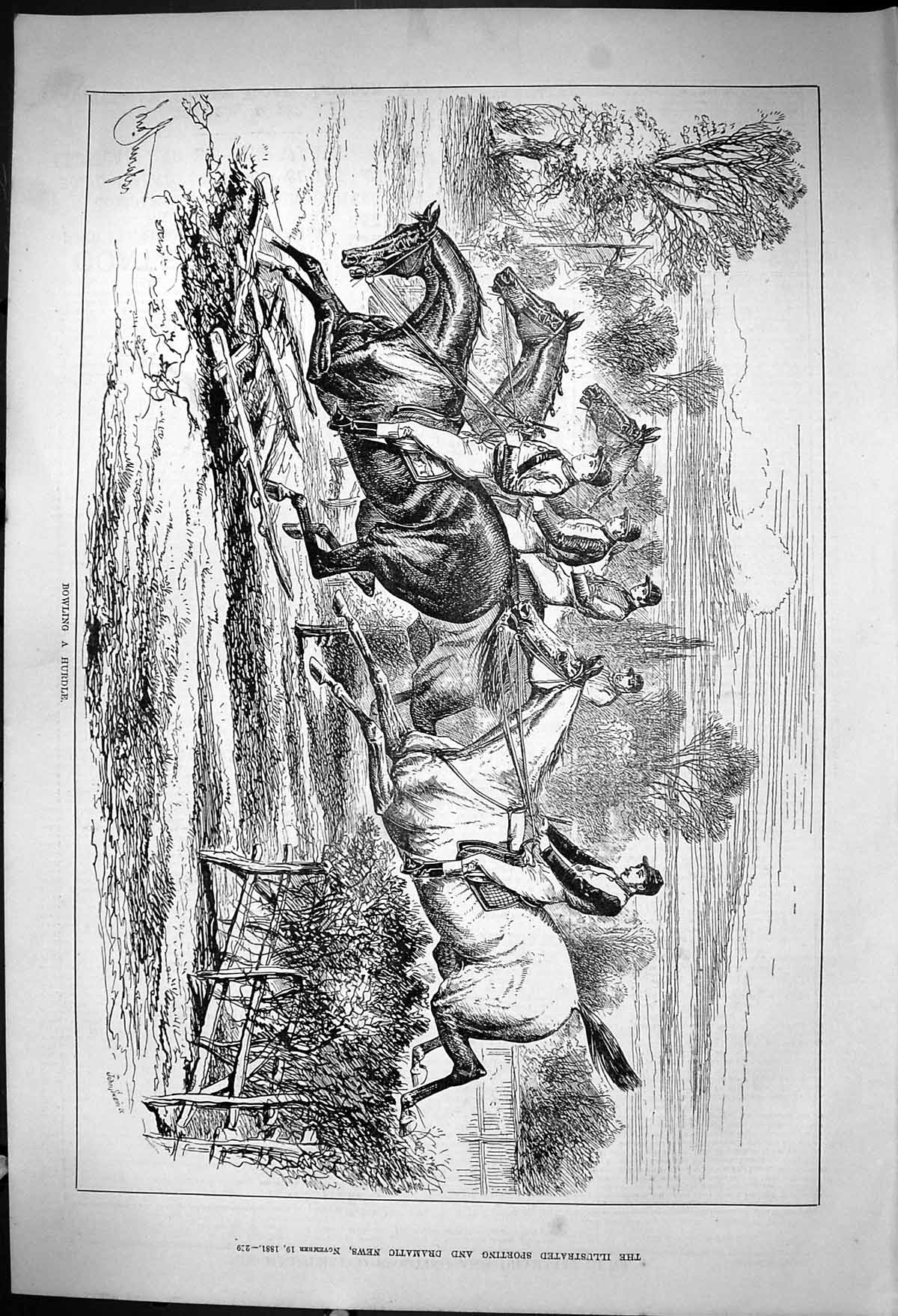 Old Antique Print 1881 Bowling Hurdle Horses Jockeys Knocking Down Fence 19th