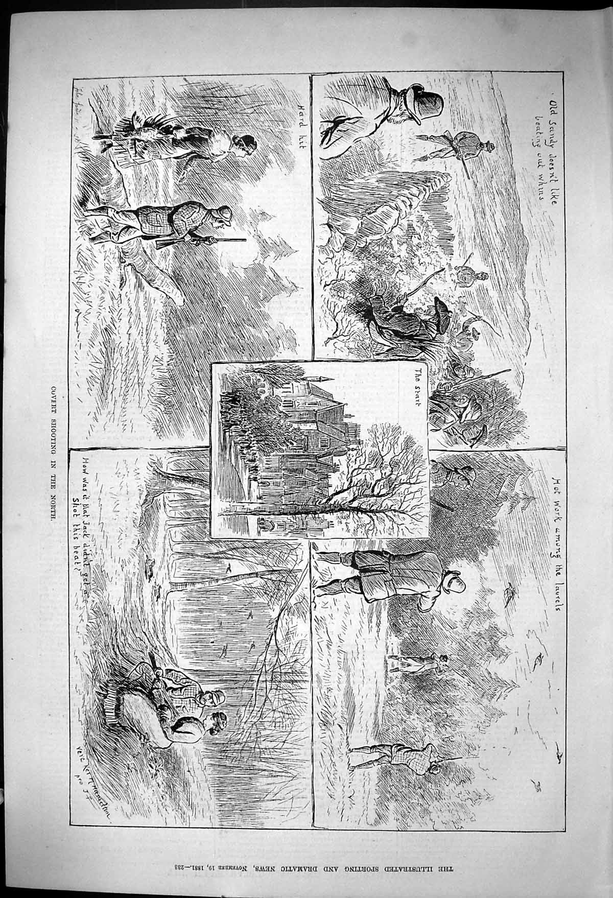 Original Old Antique Print 1881 Covert Shooting Hunting Laurels Birds Sport