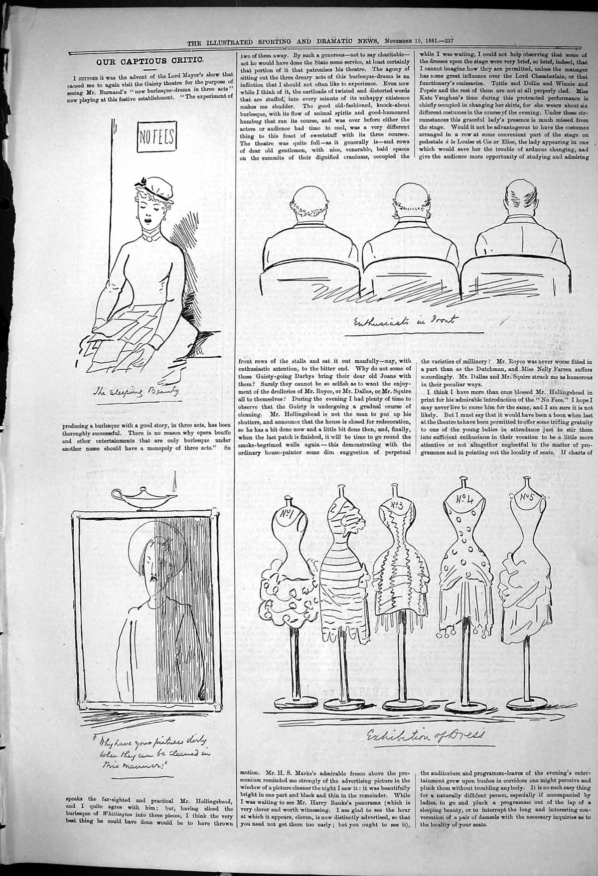 Old Print 1881 Captious Citic Theatre Sleeping Beauty Dresses Exhibition 19th