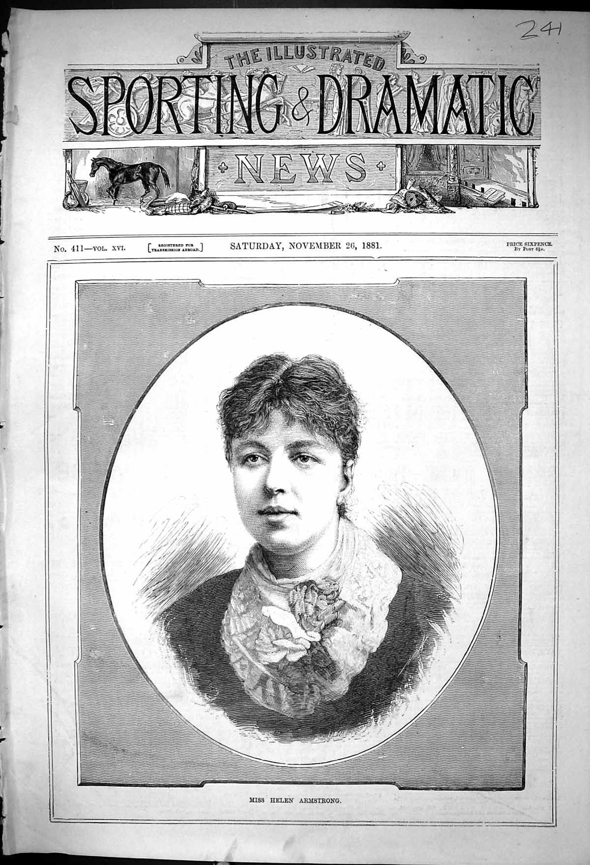 Original Old Antique Print 1881 Portrait Miss Helen Armstrong Beautiful Woman