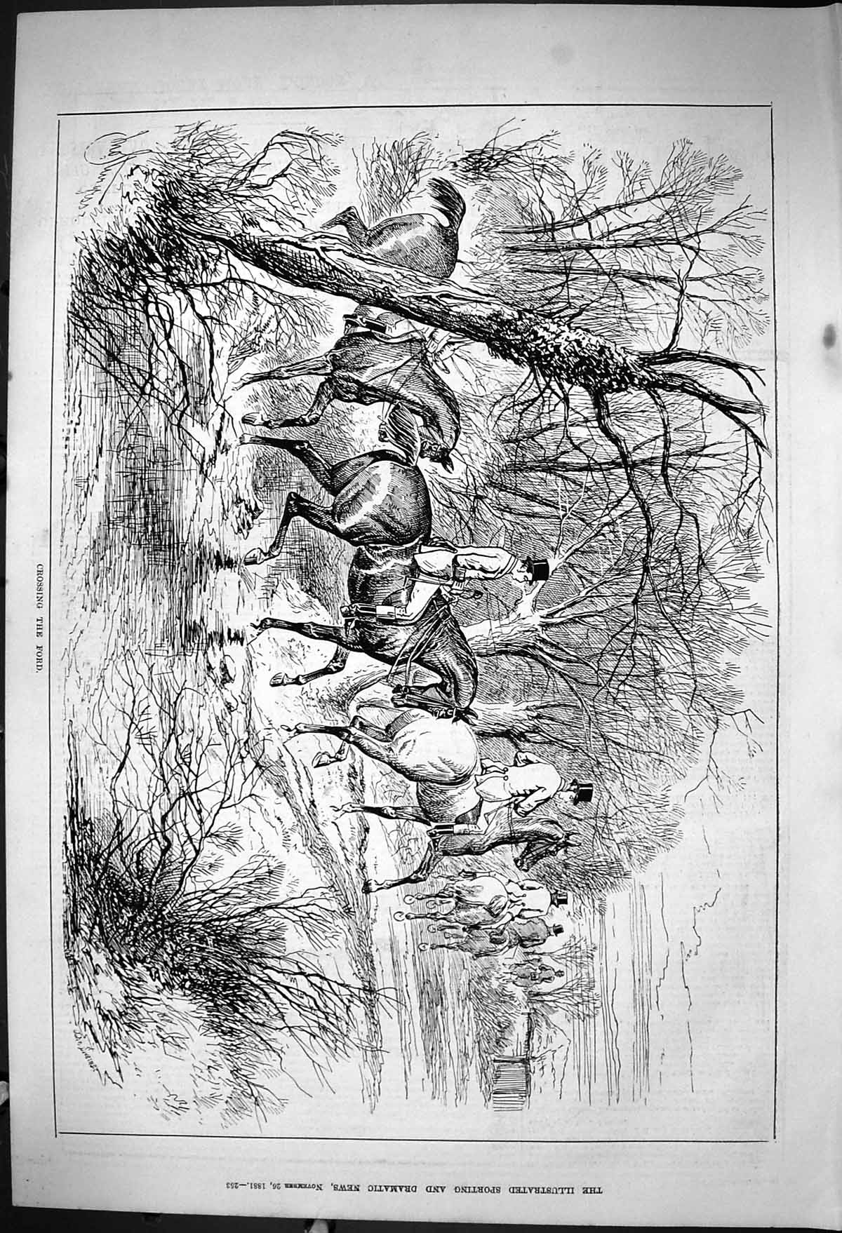 Antique Old Print 1881 Crossing Ford Hunting Horses Huntsmen Sport John Swain