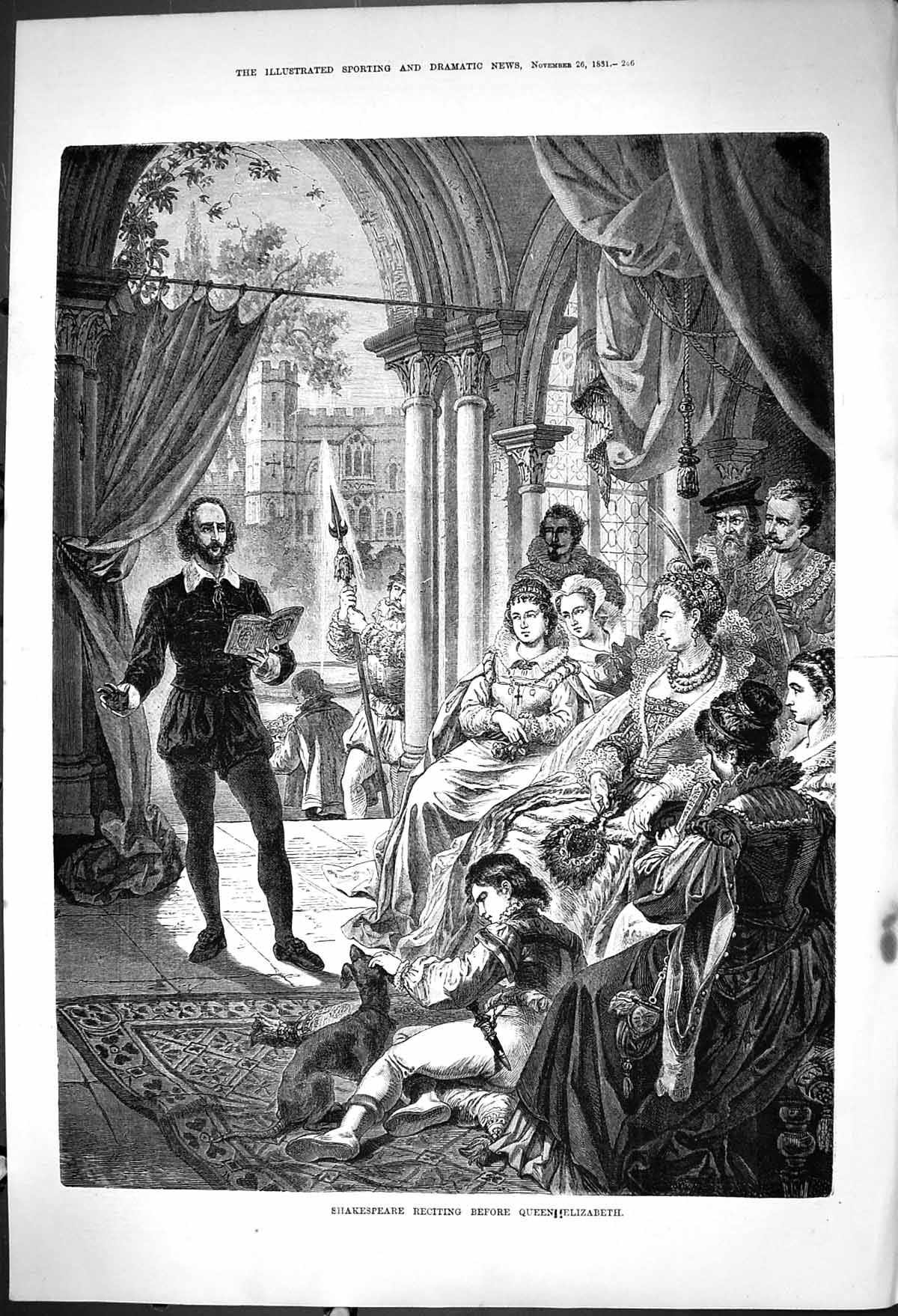 Original Old Antique Print 1881 Shakespeare Reciting Before Queen Elizabeth