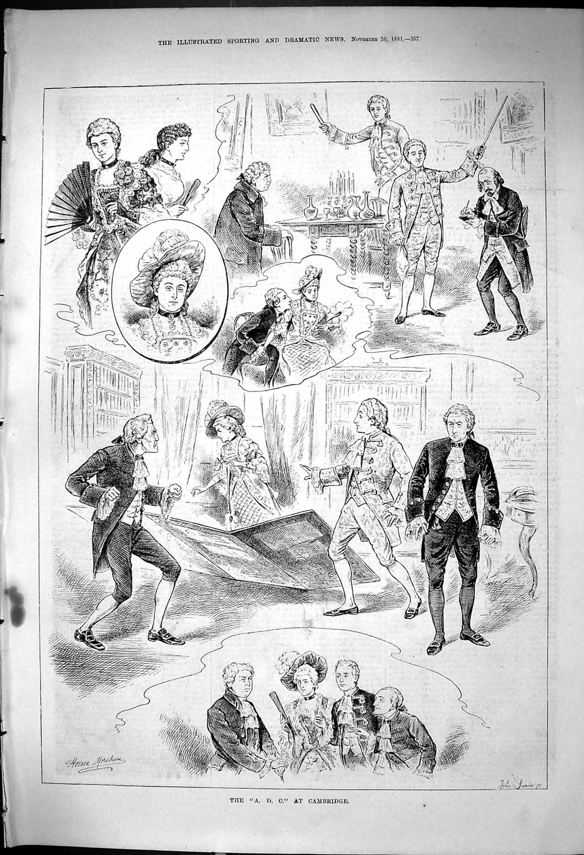 Old Antique Print 1881 A.D.C. Cambridge Theatre Actors Scene John Swain 19th