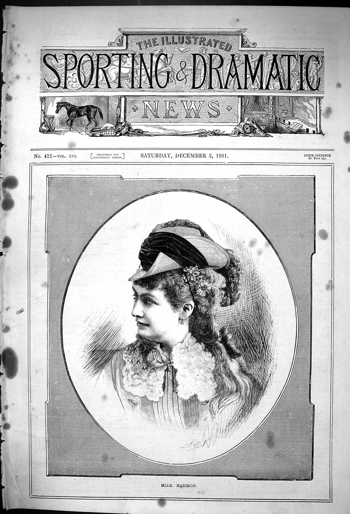 Original Old Antique Print 1881 Portrait Mlle. Marimon Beautiful Woman 19th