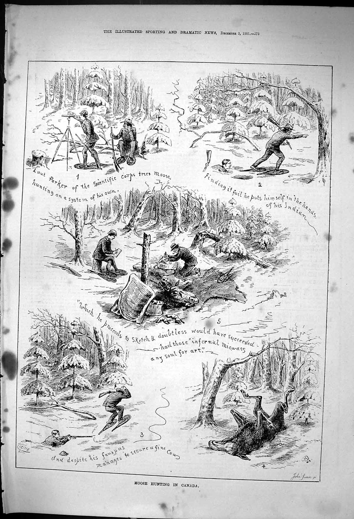 Antique Old Print 1881 Moose Hunting Canada Parker Shooting Sport John Swain