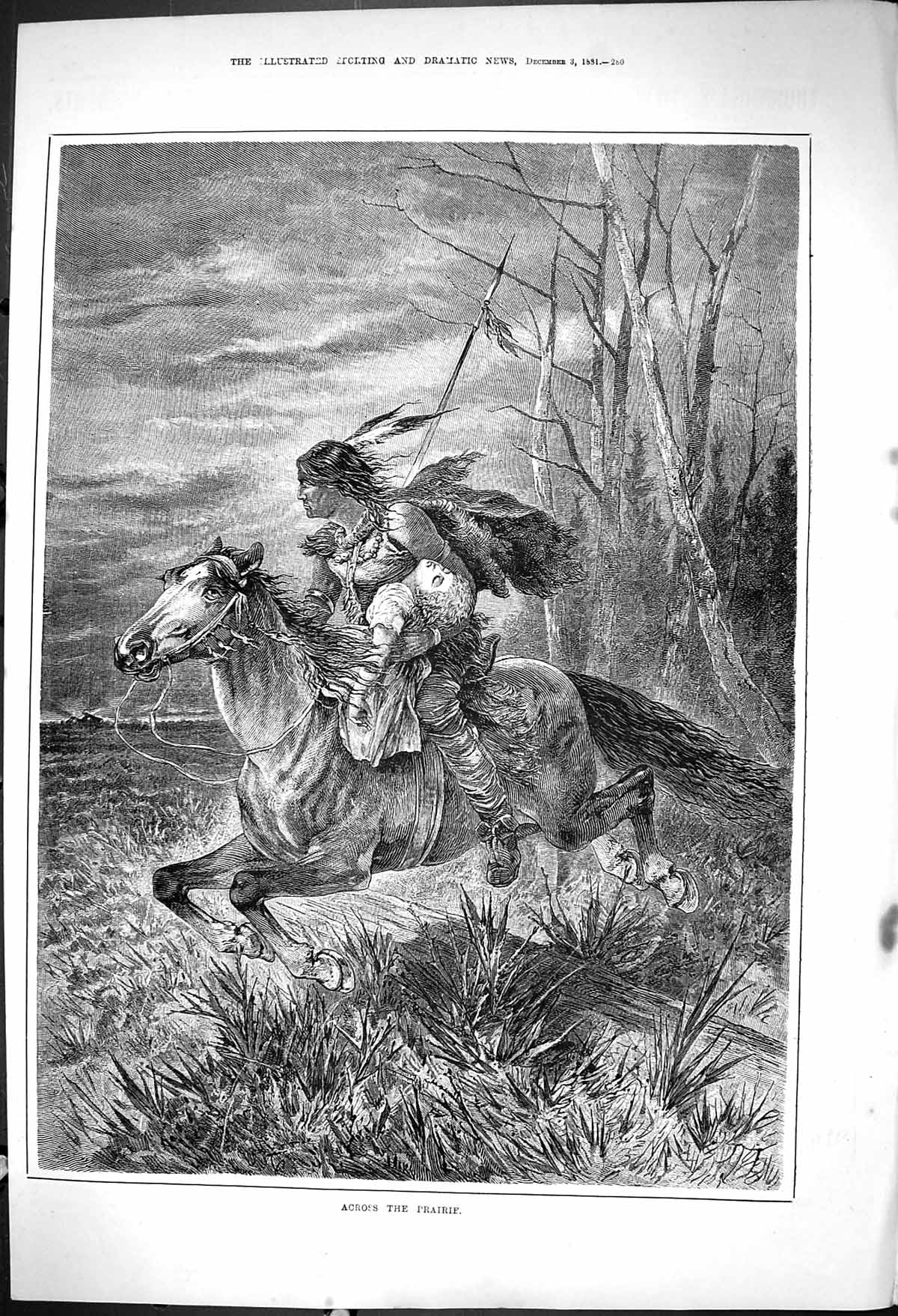 Original Old Antique Print 1881 Across Prairie Indian Young Woman Horse America