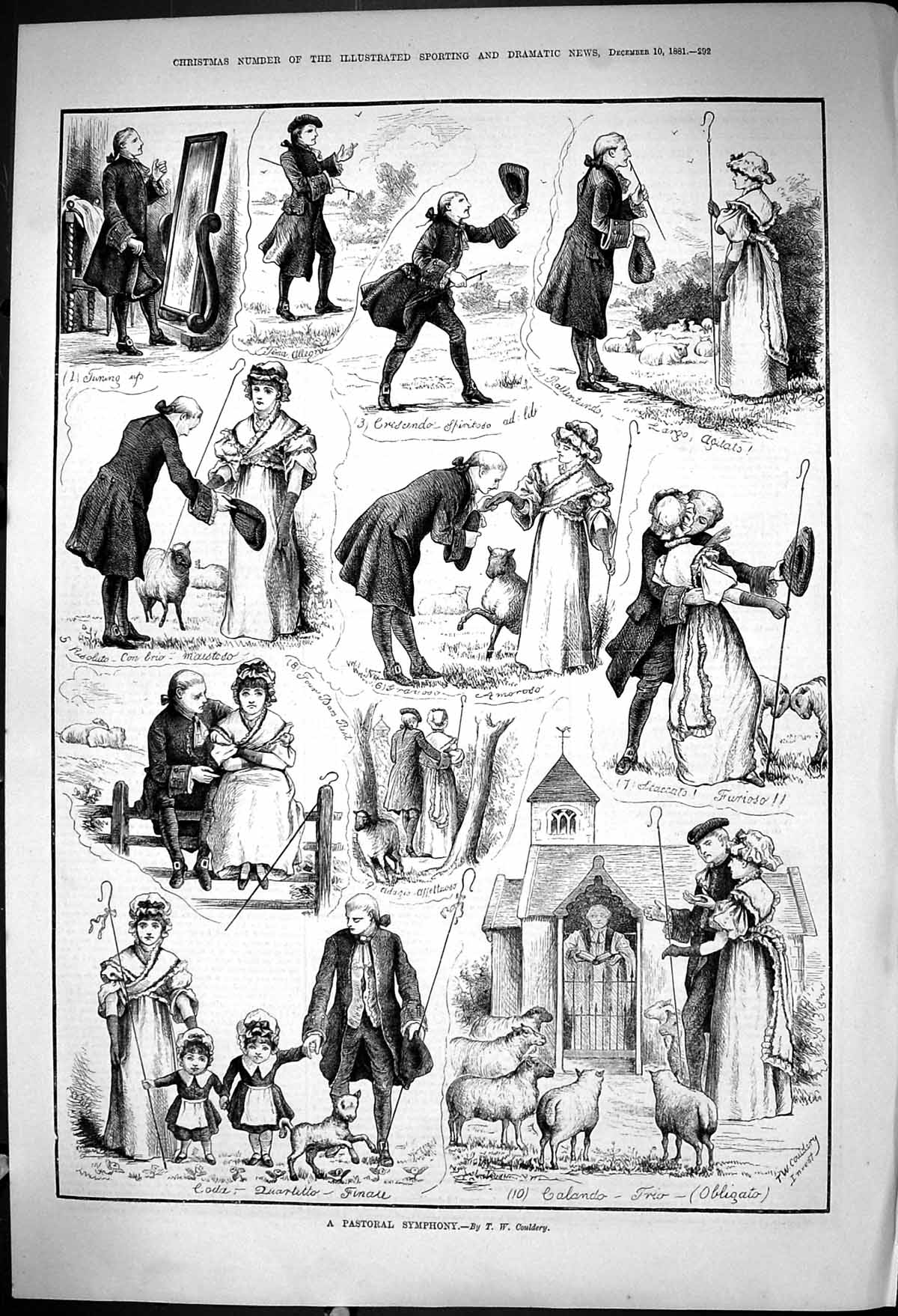 Old Antique Print 1881 Pastoral Symphony Romance Sheep Church Milk-Maid 19th