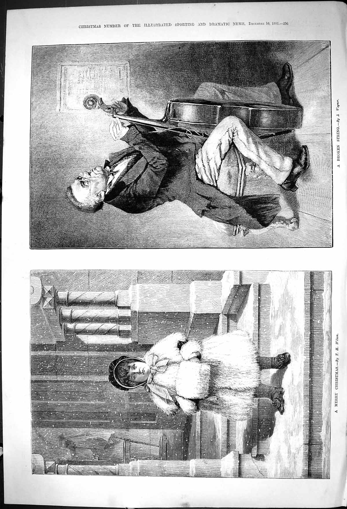 Old 1881 Merry Christmas Little Girl Snow Broken String Man Musical I Victorian