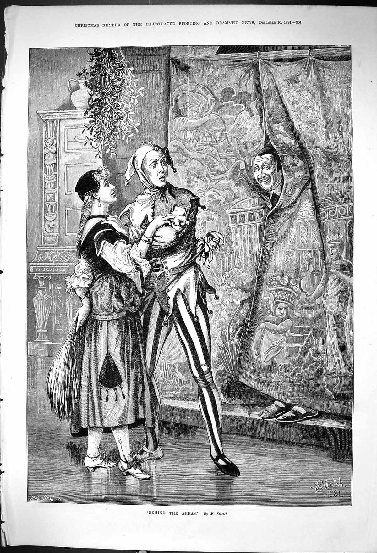 Original Old Antique Print 1881 Behind Arras Theatre Actors Stretch Victorian