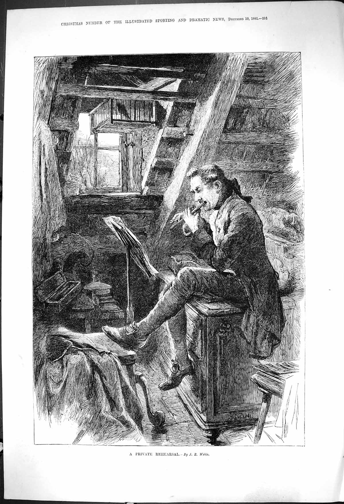 Original Old Antique Print 1881 Private Rehearsal Man Musical Instrument Wehle