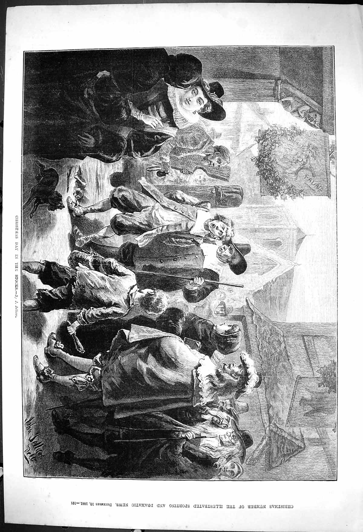Original Old Antique Print 1881 Christmas Day Stocks Street Scene Jellicoe 19th
