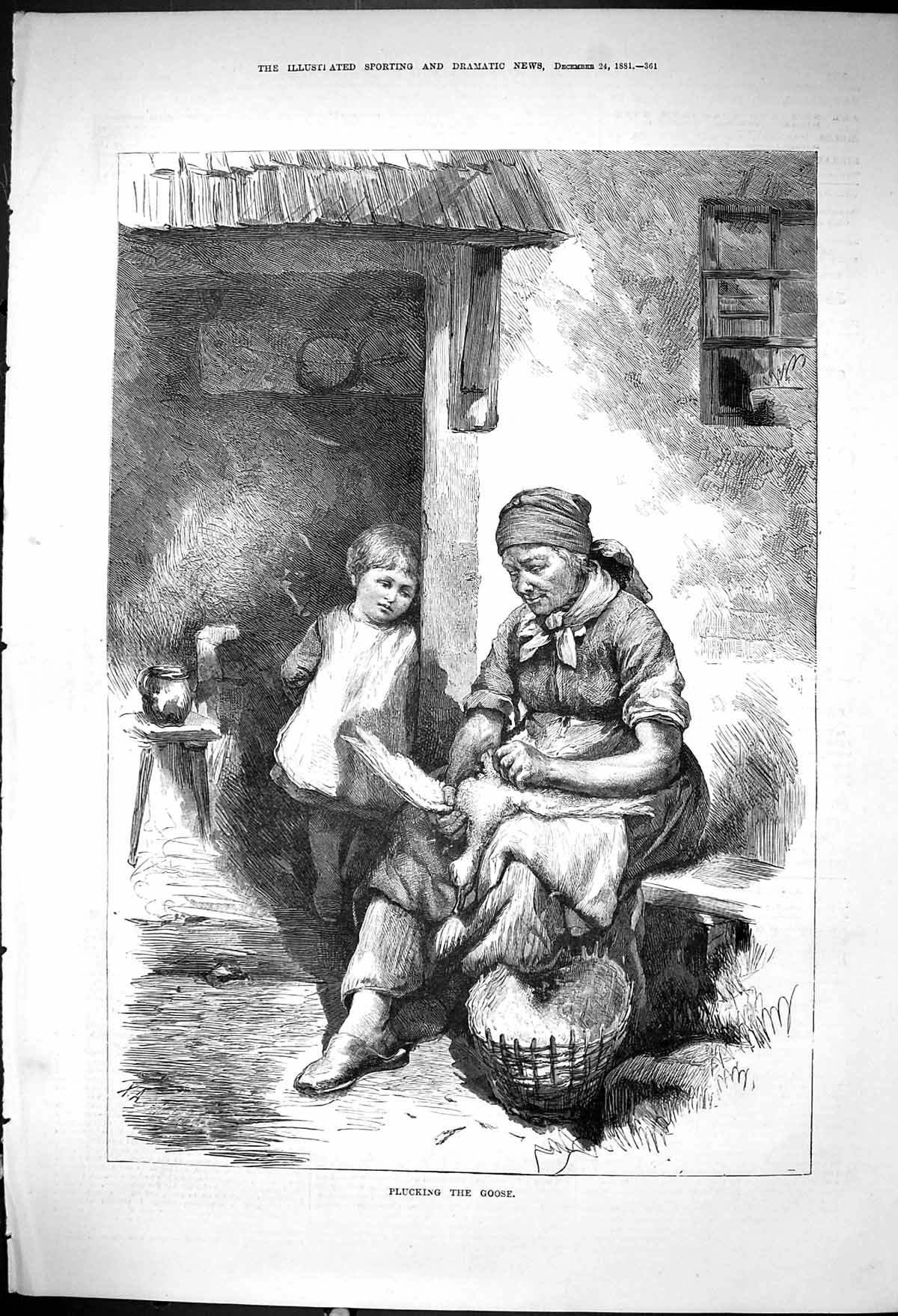 Original Old Antique Print 1881 Plucking Goose Lady Young Girl Christmas Scene