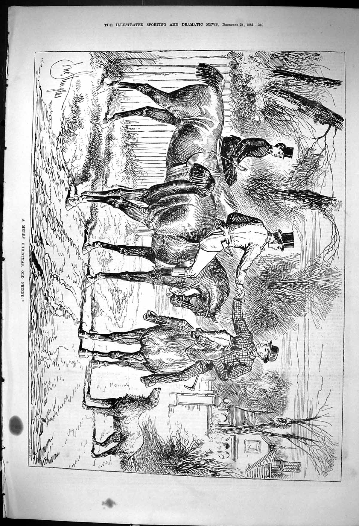 Old 1881 Merry Christmas Horses Men Dog Lady Street Scene John Swain Victorian