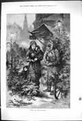 Old 1881 Buying Christmas Tree Mother Children Street Seller Fine Art Victorian