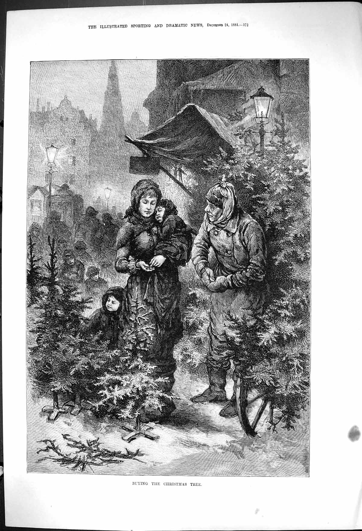 Old 1881 Buying Christmas Tree Mother Children Street Seller Fine Art Victorian