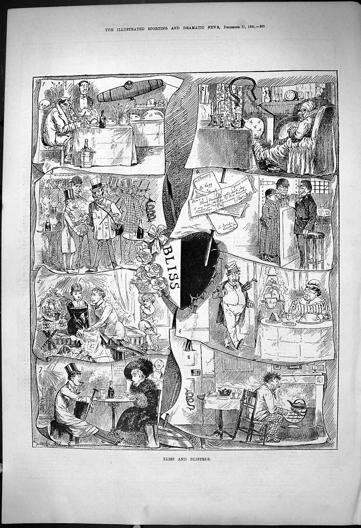 Antique Old Print 1881 Bliss Blisters House Fire Family Home Romance Smoking