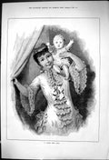 Original Old Antique Print 1881 Happy New Year Beautiful Lady Mother Baby Girl