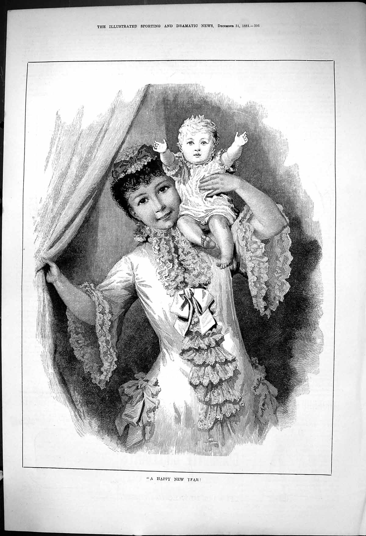 Original Old Antique Print 1881 Happy New Year Beautiful Lady Mother Baby Girl