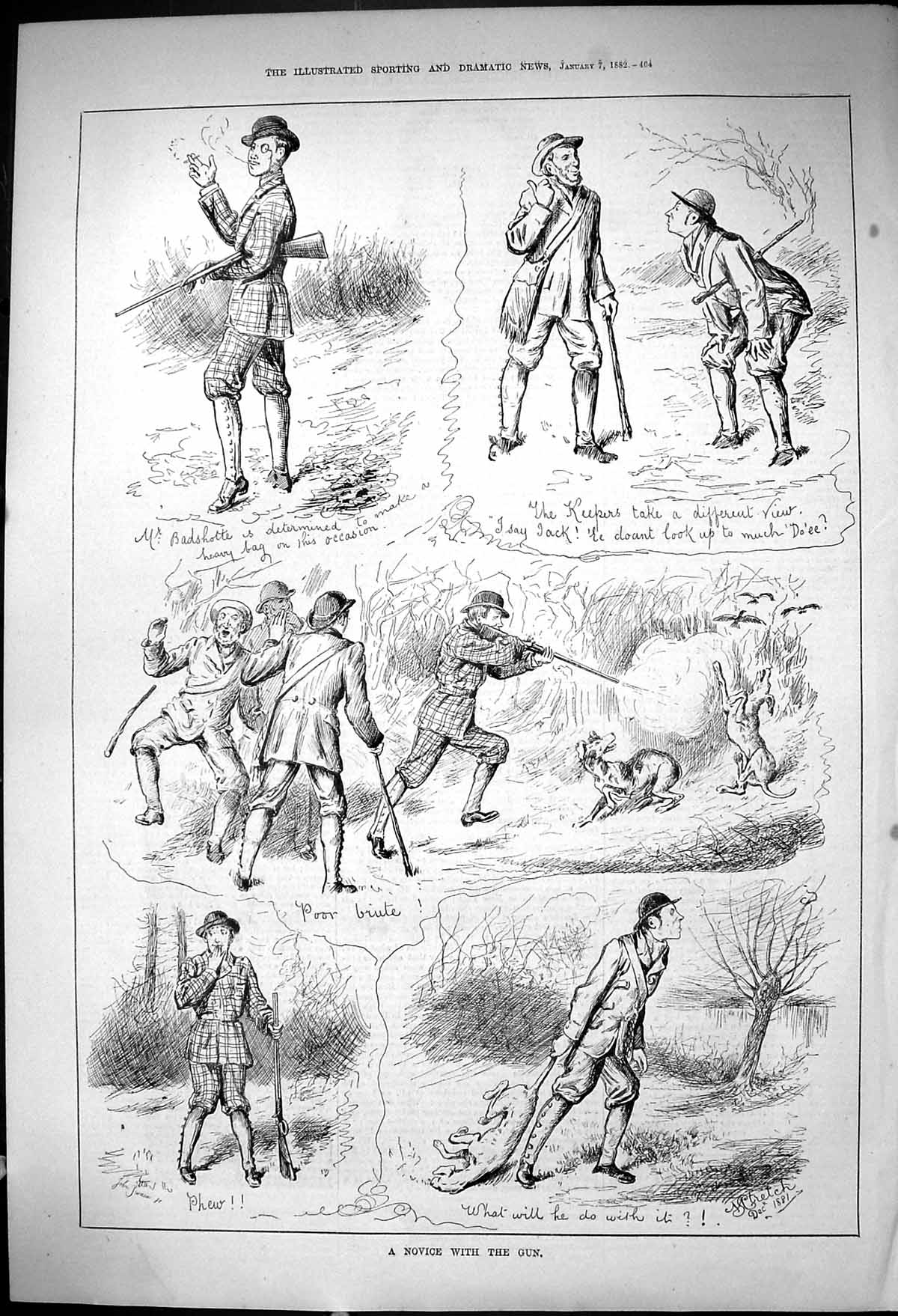 Old 1882 Hunting Novice Gun Mr Badshotte Keepers Dogs Hounds Shooting Victorian