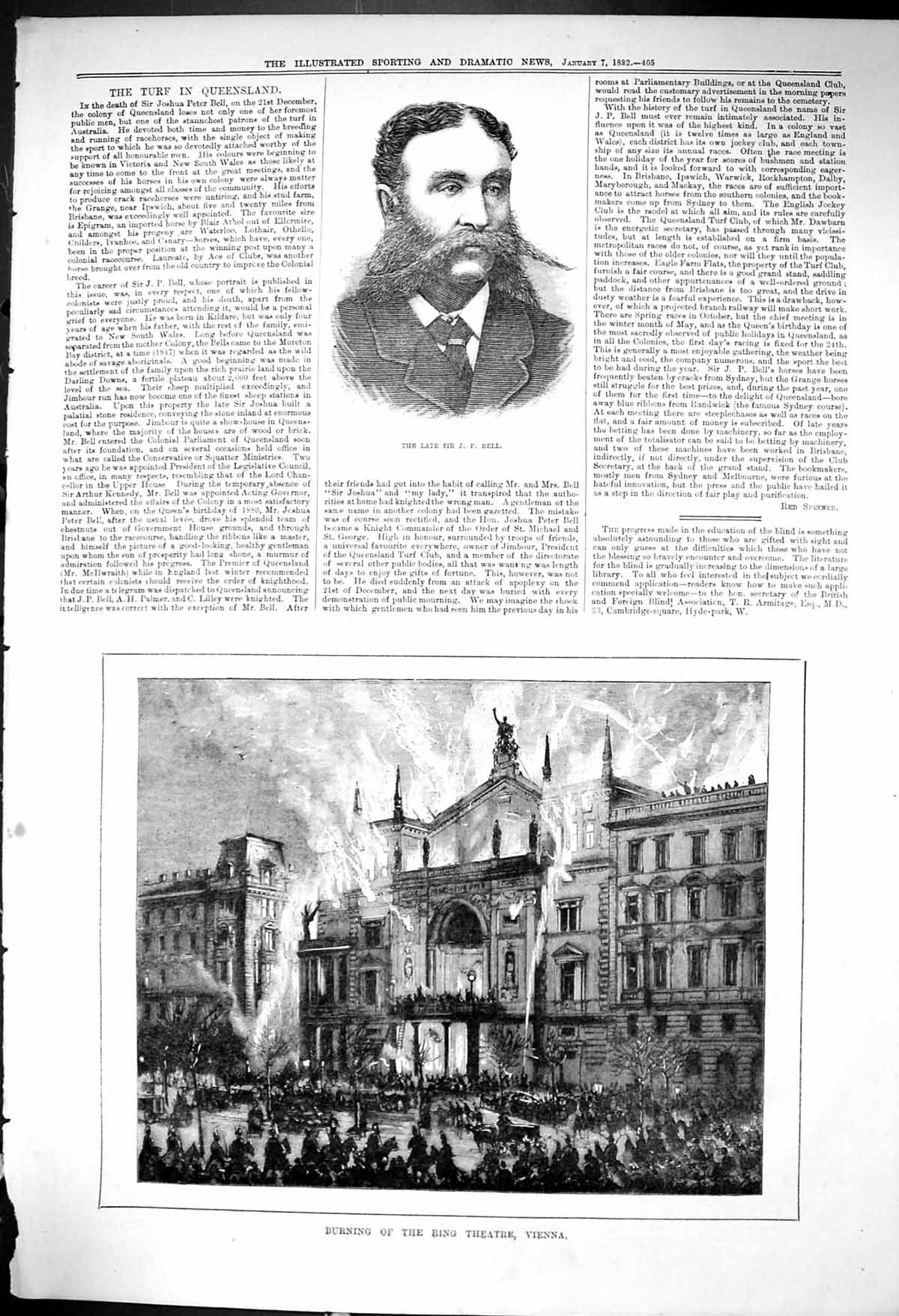 Old Antique Print 1882 Sir Bell Burning Ring Theatre Vienna Fire Building 19th