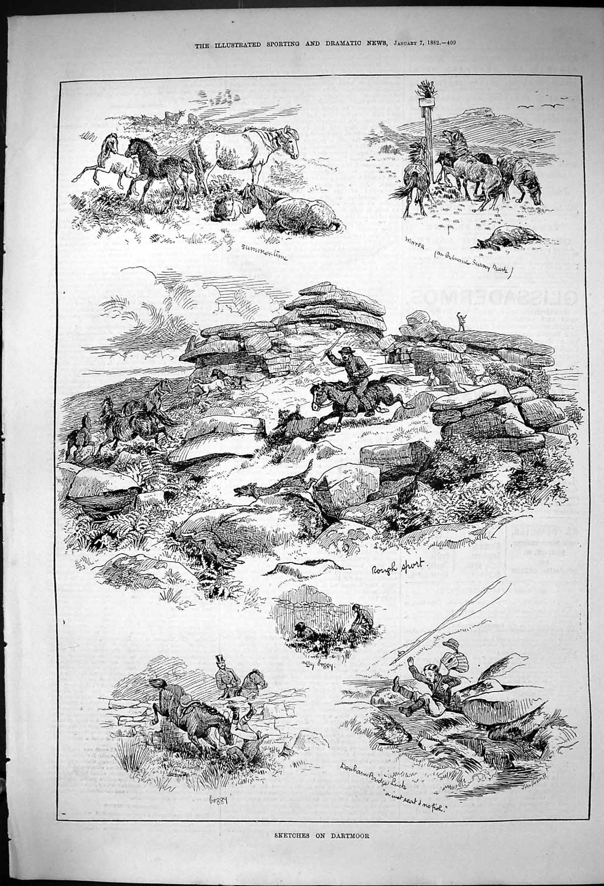 Original Old Antique Print 1882 Dartmoor Horses Summertime Winter Rough Sport