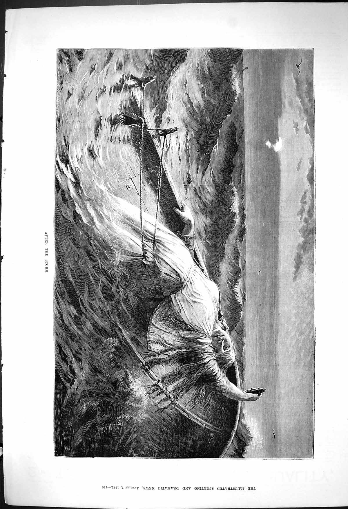 Old 1882 After Storm. Young Girl Ship Wreck Boat Stormy Sea Moonlight Victorian