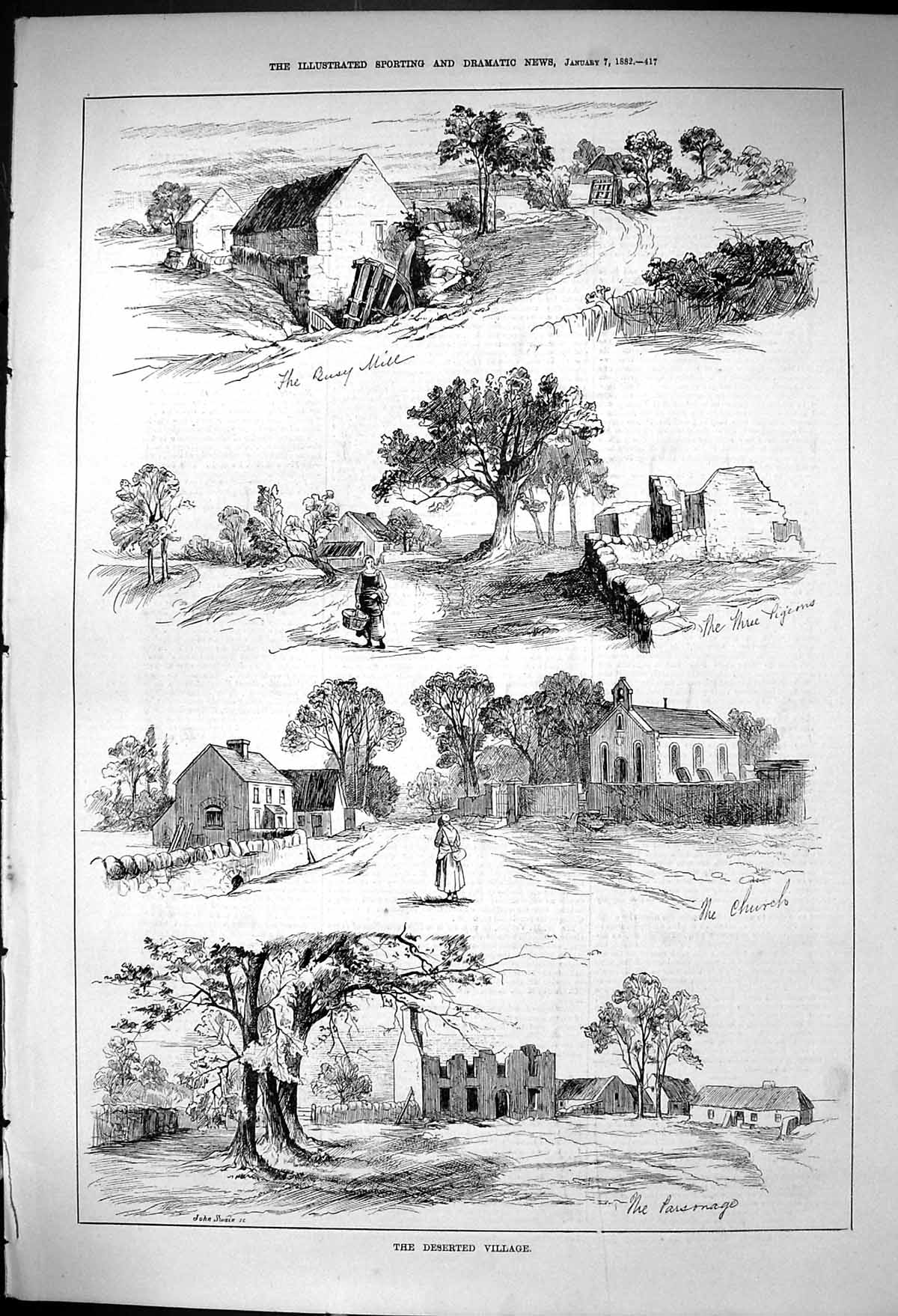 Old Antique Print 1882 Deserted Village Church Mill Parsonage John Swain 19th