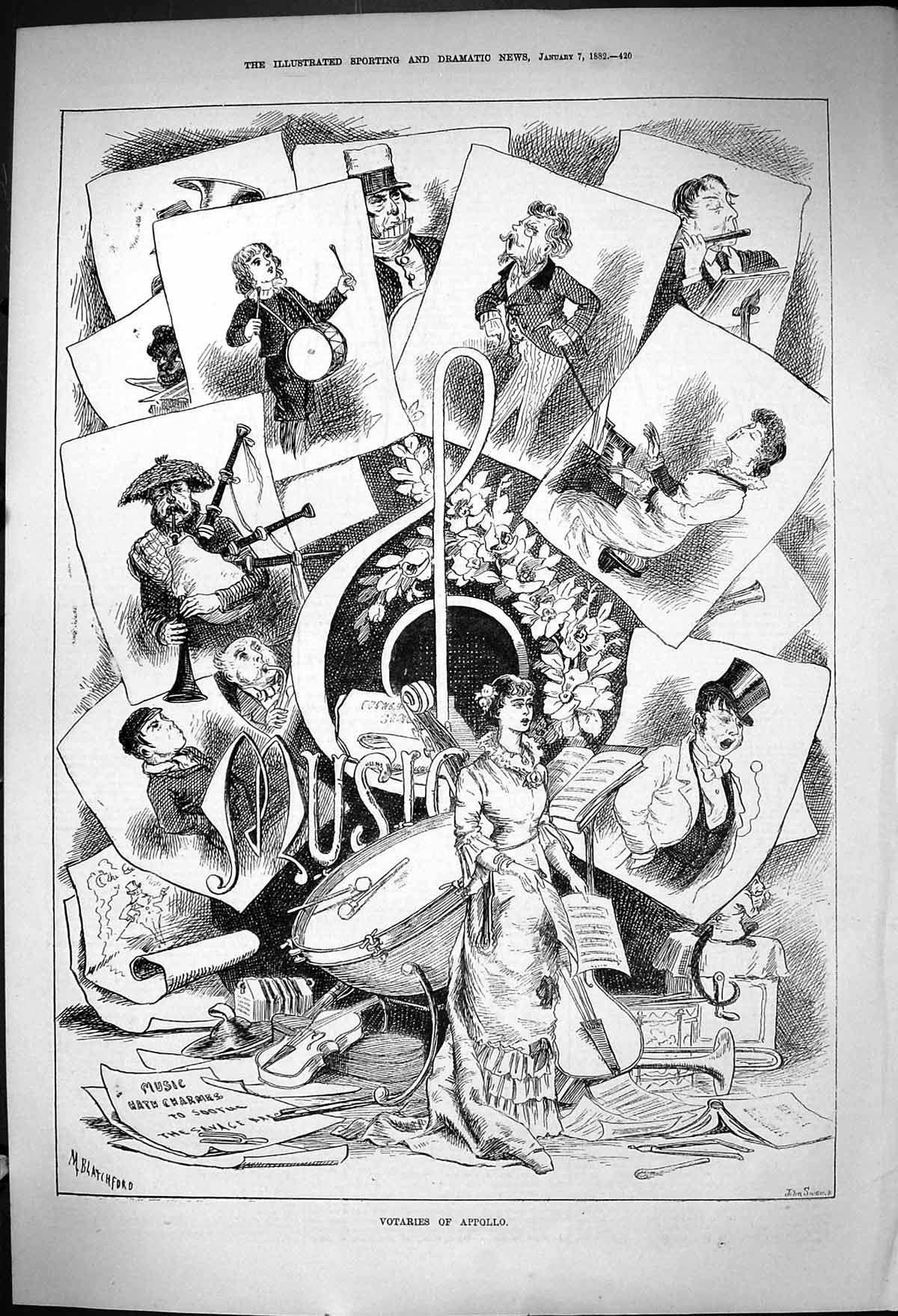 Antique Old Print 1882 Votaries Appolo Theatre Music Instruments Blatchford