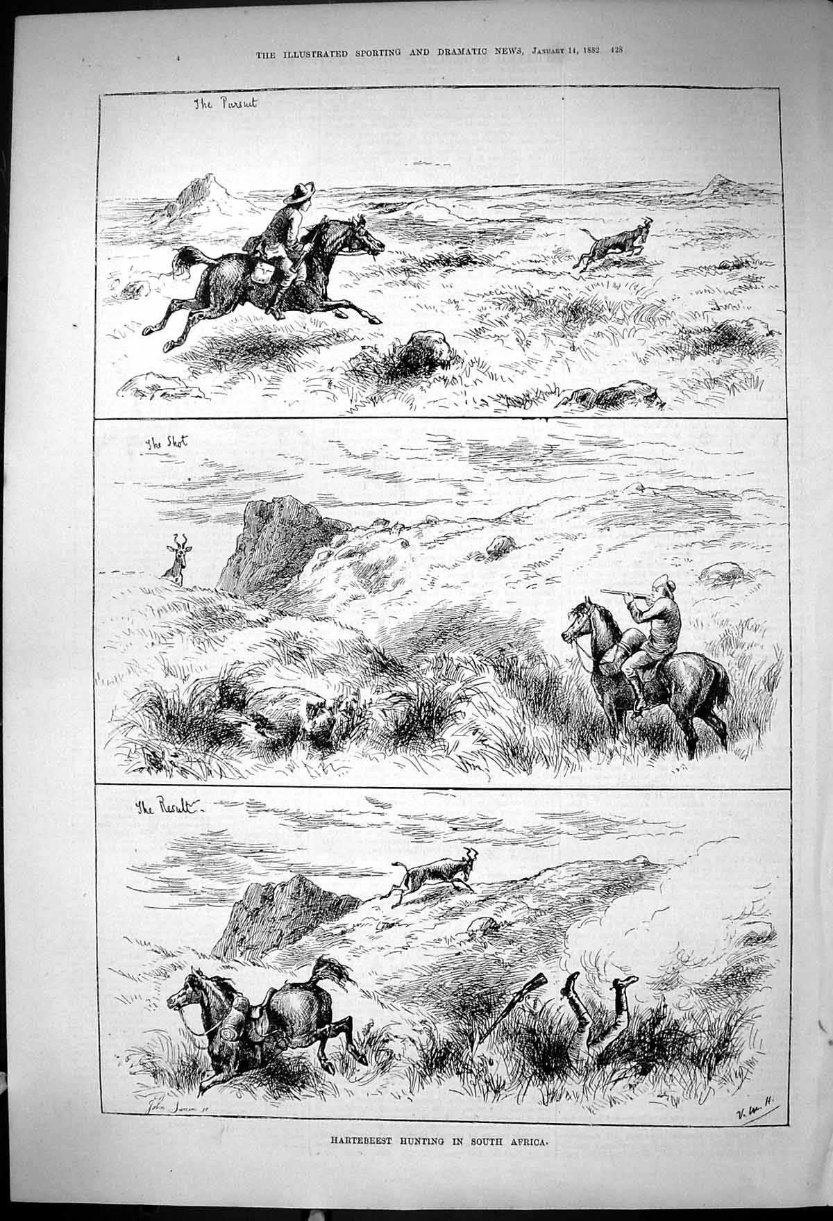 Antique Old Print 1882 Hartbeest Hunting South Africa Horses Huntsmen Sport