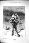 Original Old Antique Print 1882 Wanderer Young Boy Lamb Lost Snow Mountains