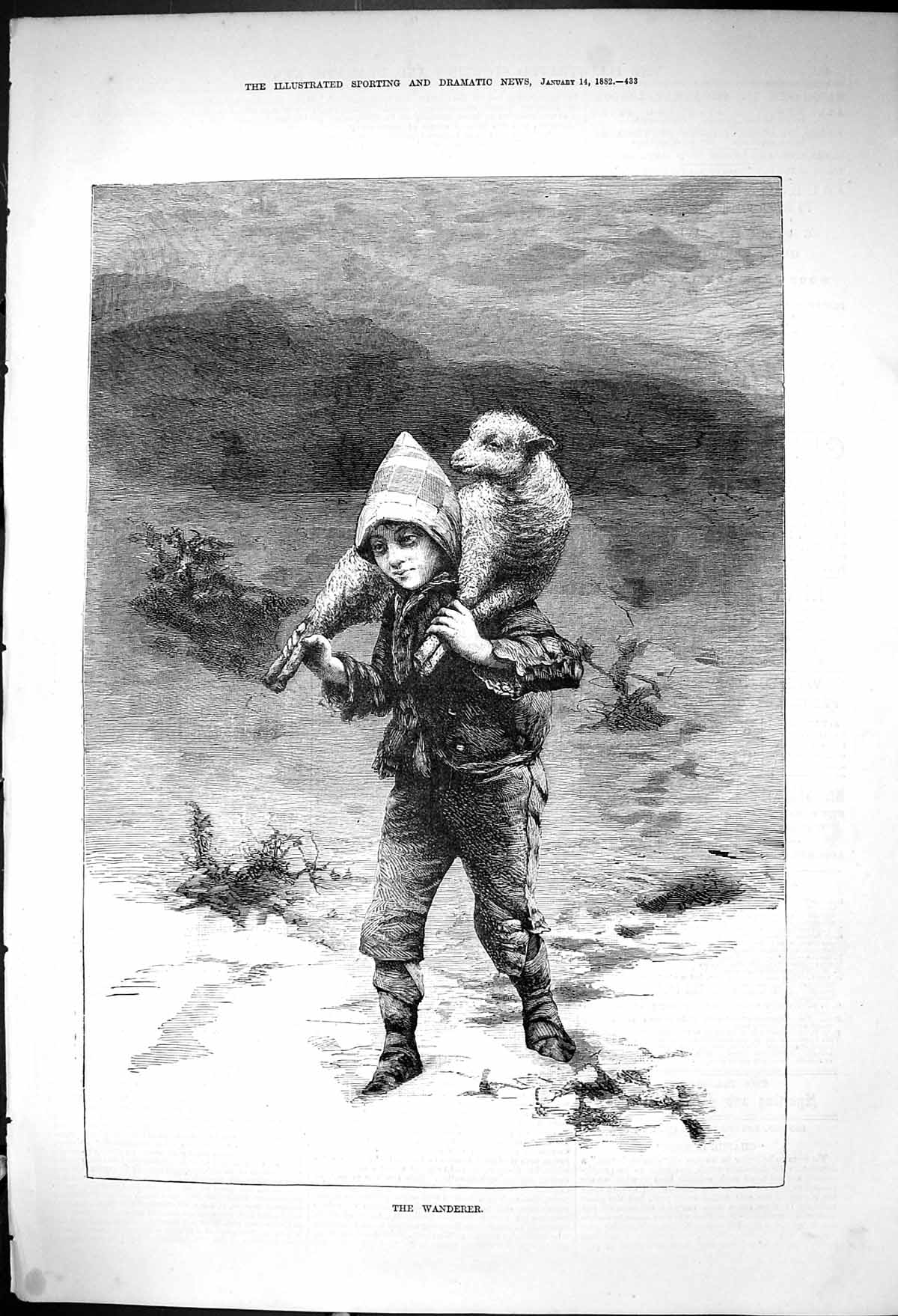 Original Old Antique Print 1882 Wanderer Young Boy Lamb Lost Snow Mountains