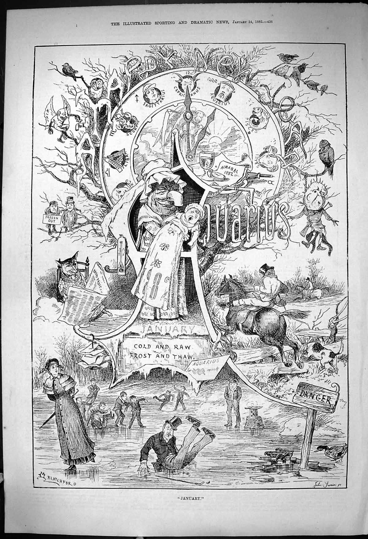 Old 1882 January Winter Ice Skating Signs Zodiac Hunting Horses Hound Victorian