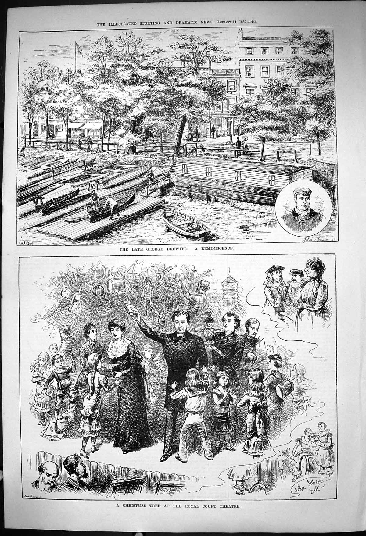 Antique Print 1882 Christmas Tree Royal Court Theatre George Drewitt Boats 19th
