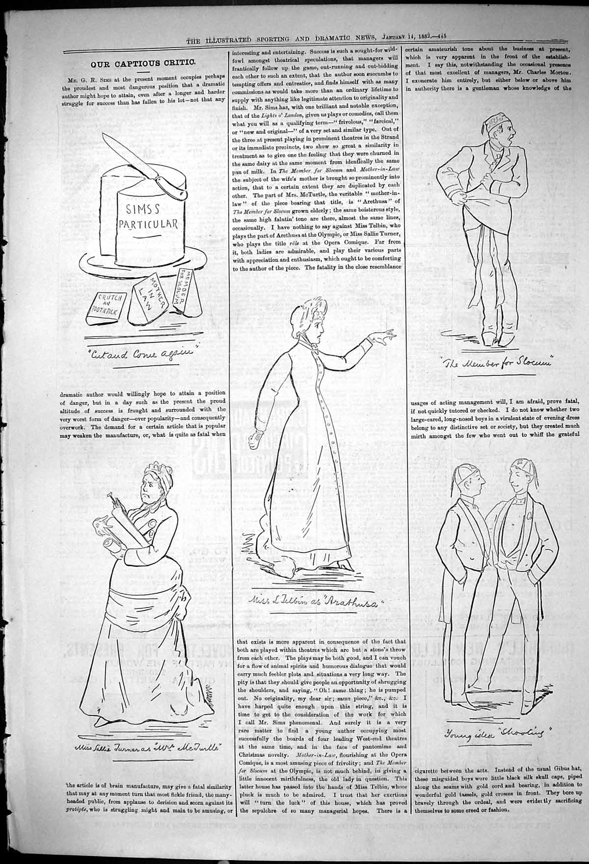 Old Print 1882 Captious Critic Theatre Turner Sims Dramatic Author Sketch 19th