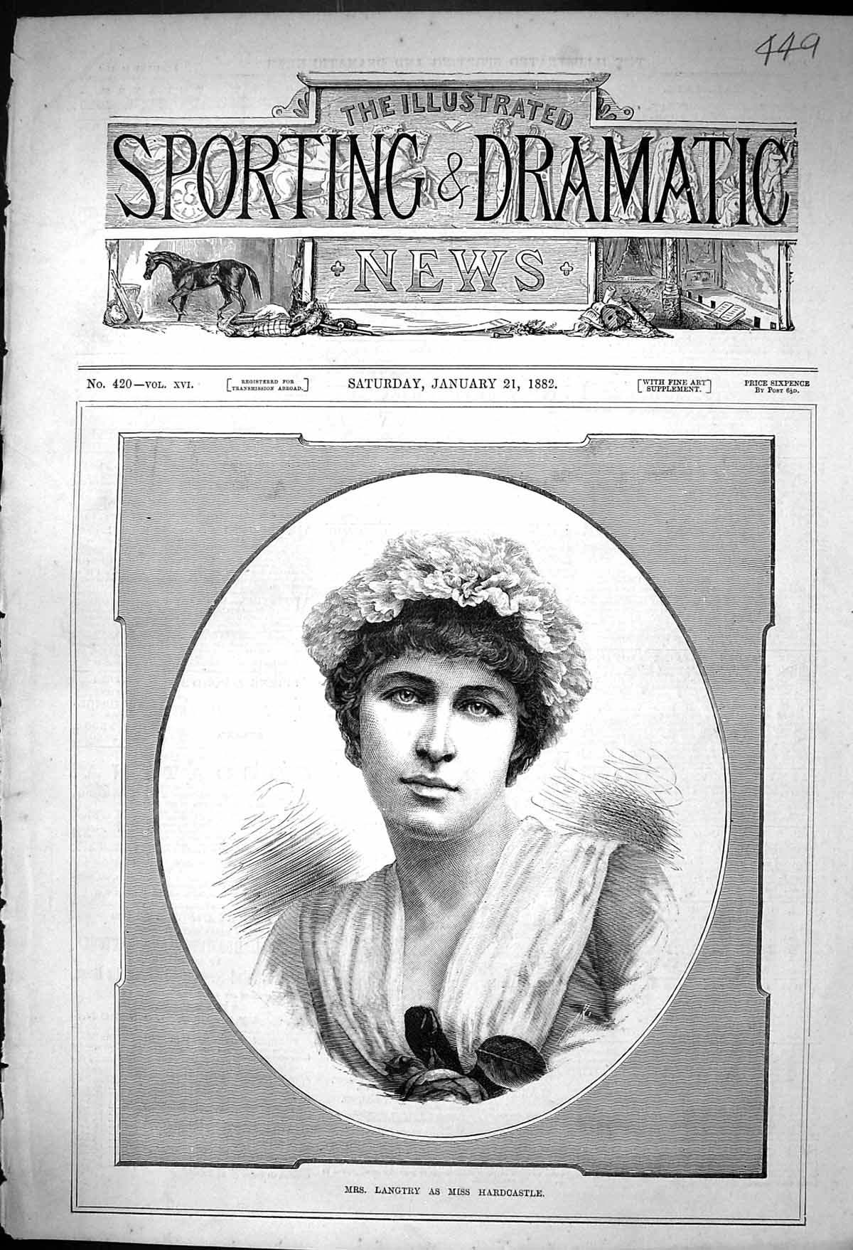 Antique Print 1882 Portrait Mrs Langtry Hardcastle Beautiful Woman Actress 19th