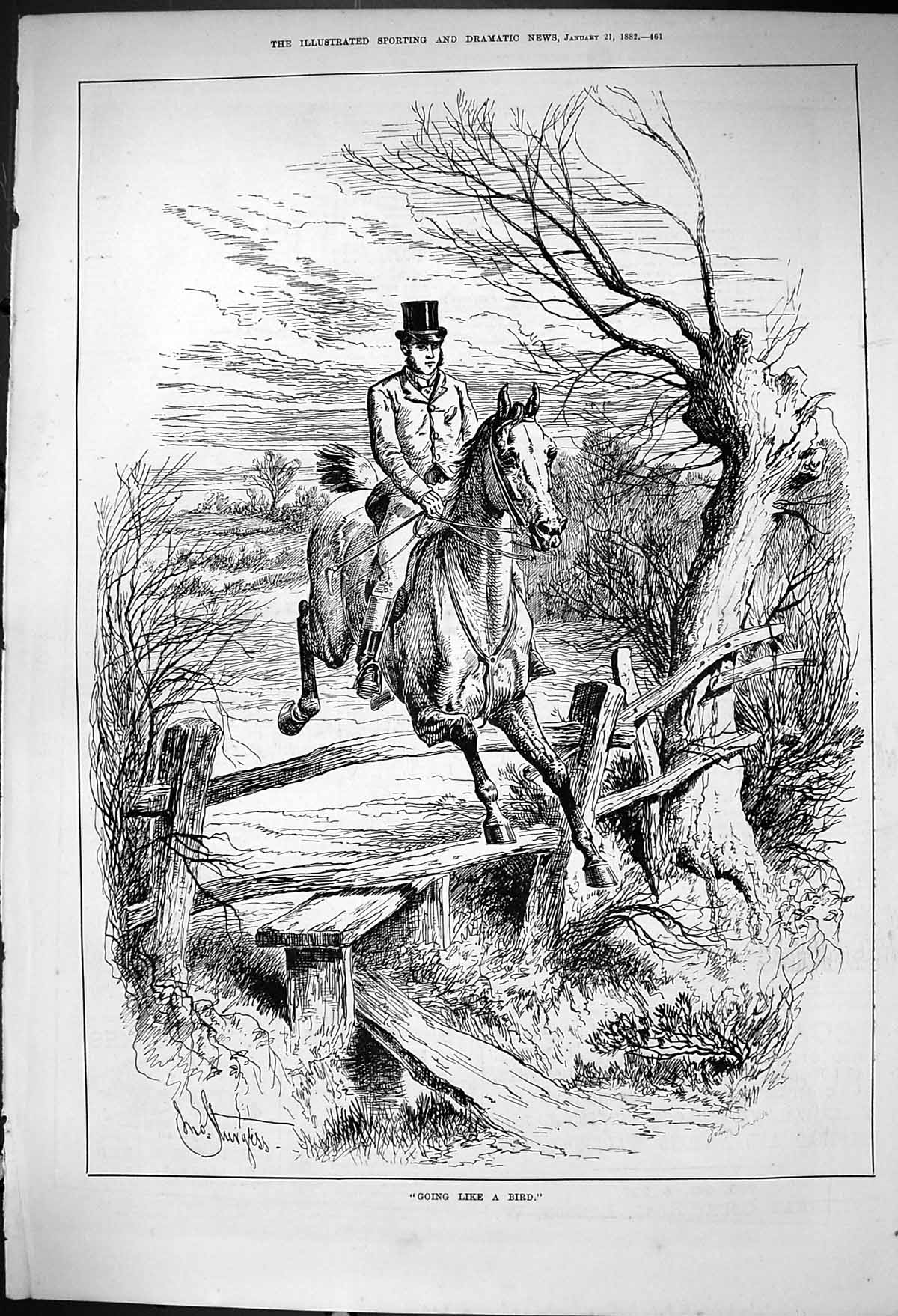 Old Print 1882 Hunting Horse Jumping Fence Huntsman Sport Swain Sturgess 19th