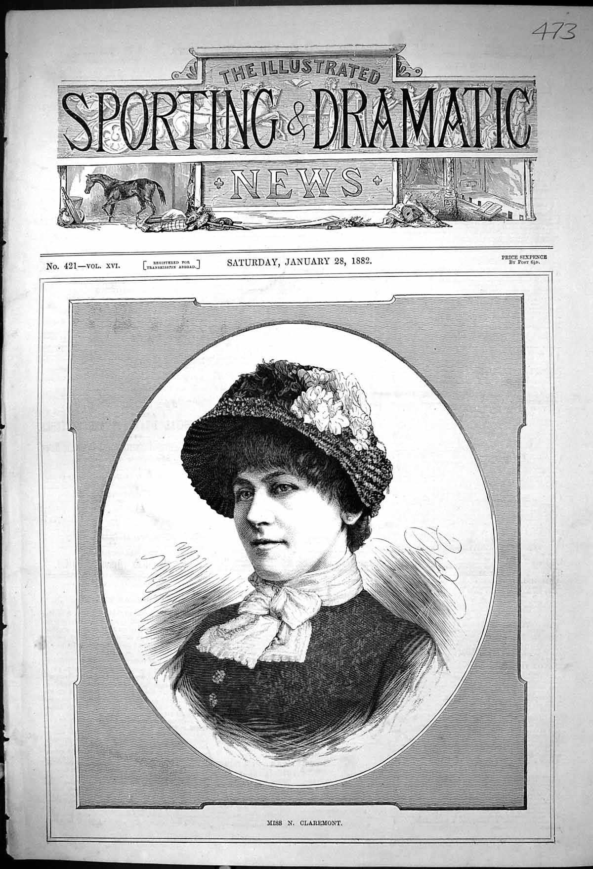 Original Old Antique Print 1882 Portrait Miss Claremont Beautiful Woman 19th