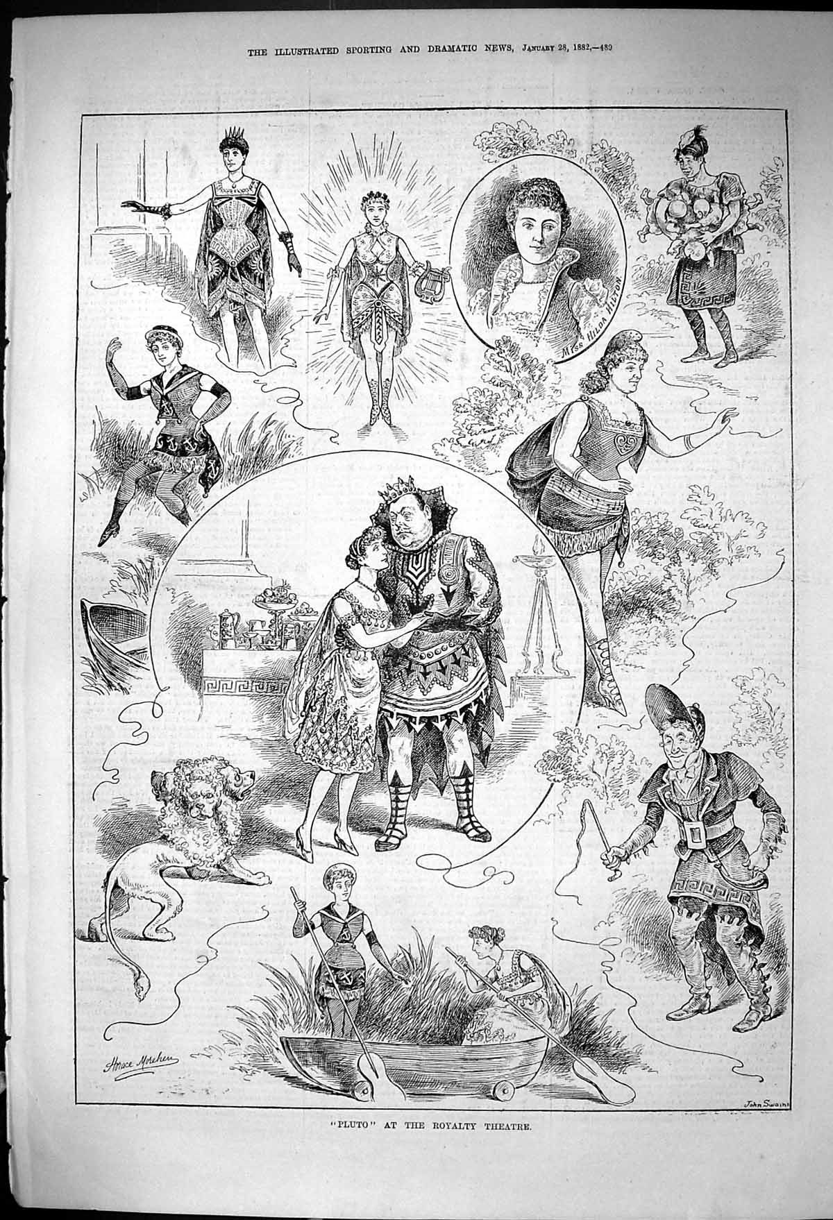 Old Antique Print 1882 Pluto Royalty Theatre Actors Costumes Hilda Hilton 19th