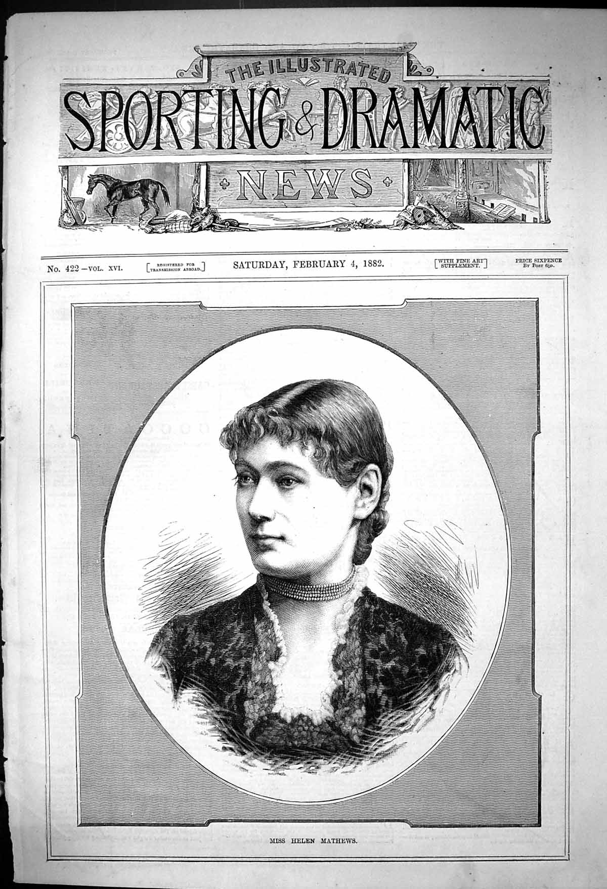 Original Old Antique Print 1882 Portrait Miss Helen Mathews Beautiful Woman